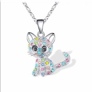 Multi colored Rhinestone cat kitty pet silver necklace
